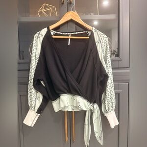 Free People Black and Soft Mint Green Floral Wrap Blouse